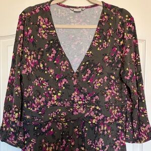 Boden olive green pink Multicolor Floral Jersey dress sz 16 16L fit flare 3/4 sl